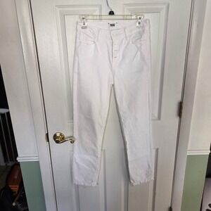 Paige White High Rise Button Fly Cindy Crop Jeans Distressed Raw Hem Size 25